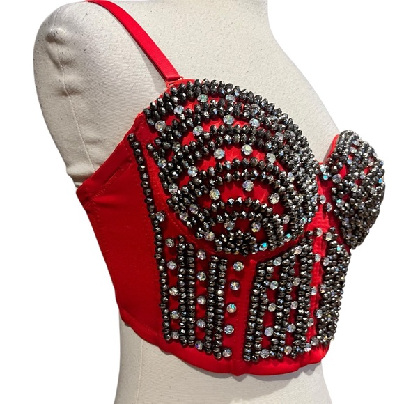Love J NWT red beaded corset with white and dark silver embellished rhinestones - Picture 6 of 11